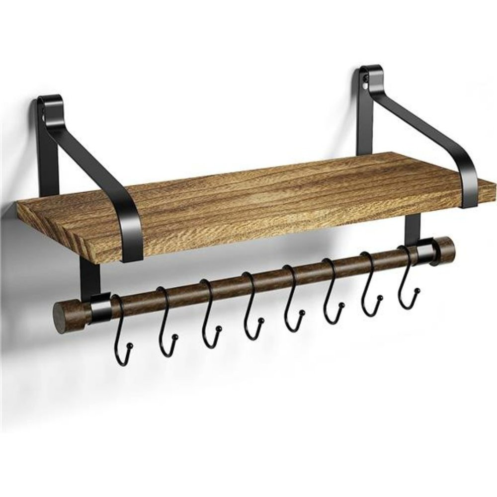 Floating Shelf Wall Shelf  Rustic Wood with Towel Bar and 8 Removable Hooks